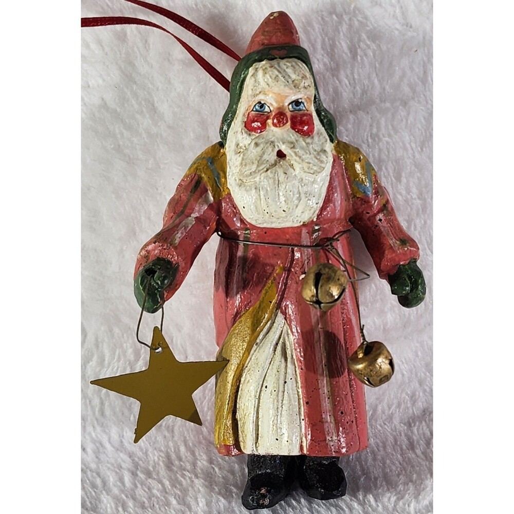 Vintage 1988 House of Hatten ENCHANTED FOREST SANTA Ornament Metal Bells & Star